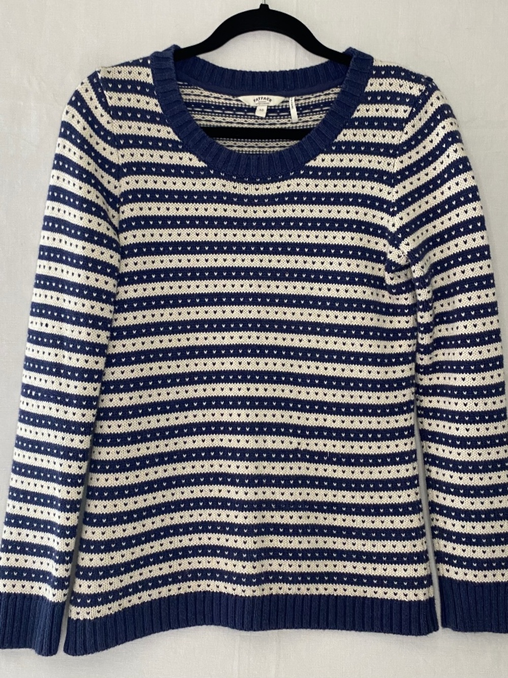 FATFACE UK Size 10 Blue White Stripe Crew Neck Long Sleeve Sweater Hearts